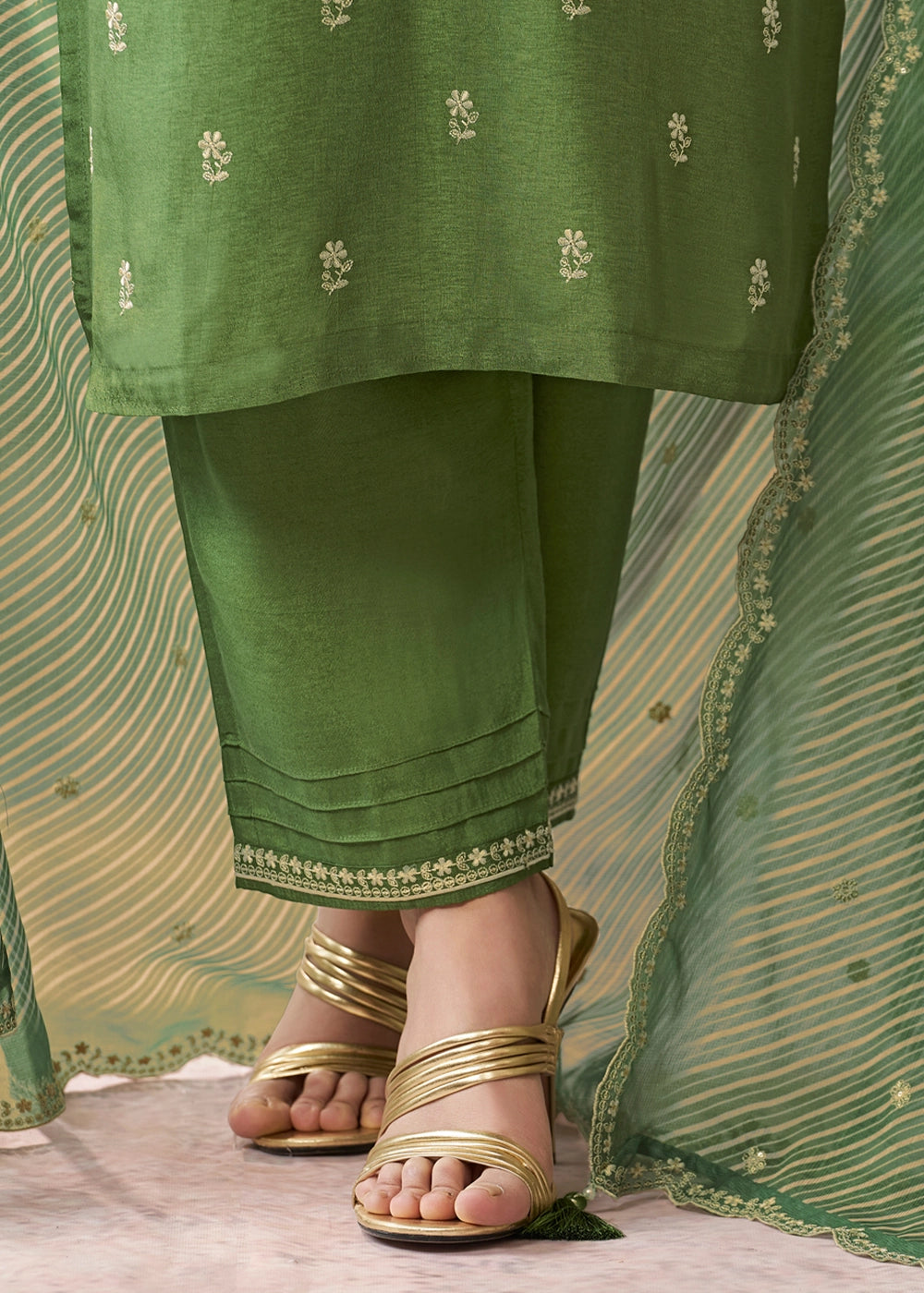 Middle Green Dola Silk Kurta Set with Embroidered Work