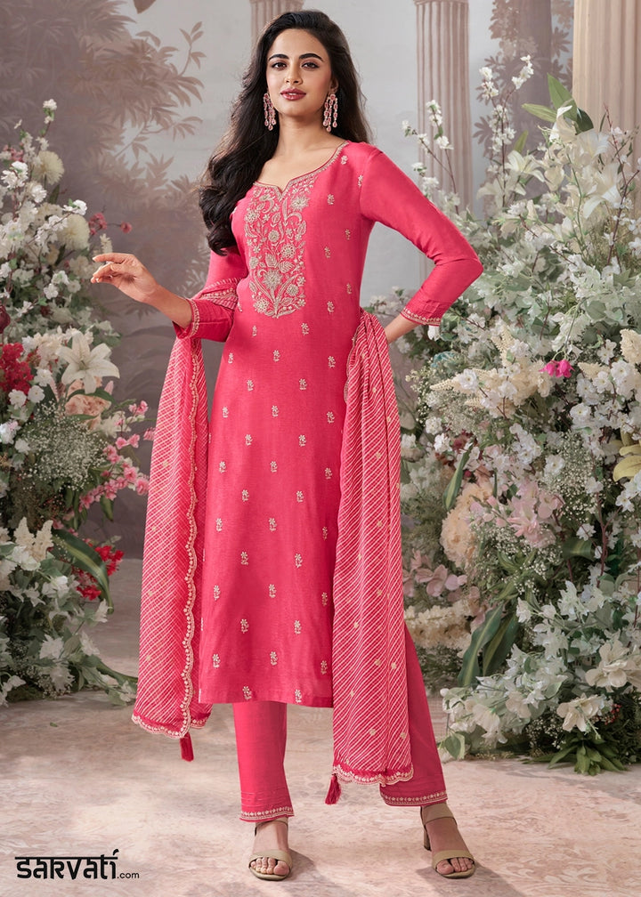 Watermelon Pink Dola Silk Kurta Set with Embroidered Work