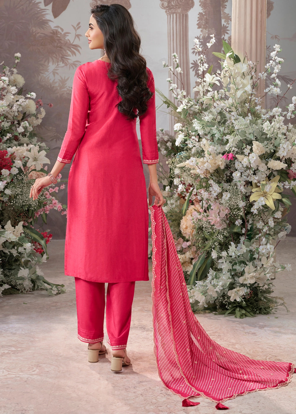 Watermelon Pink Dola Silk Kurta Set with Embroidered Work