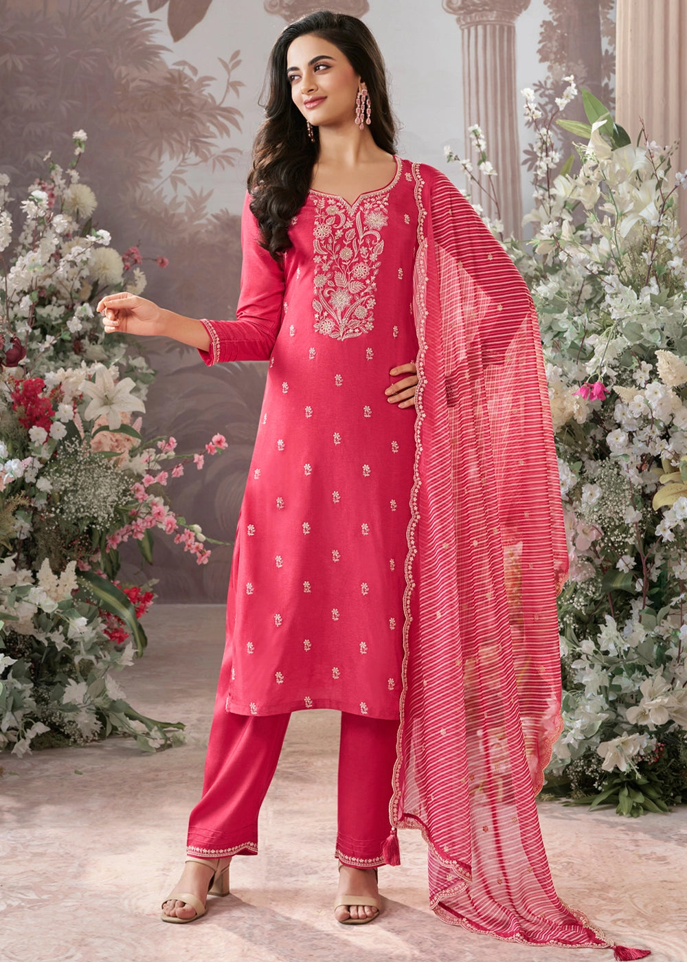 Watermelon Pink Dola Silk Kurta Set with Embroidered Work