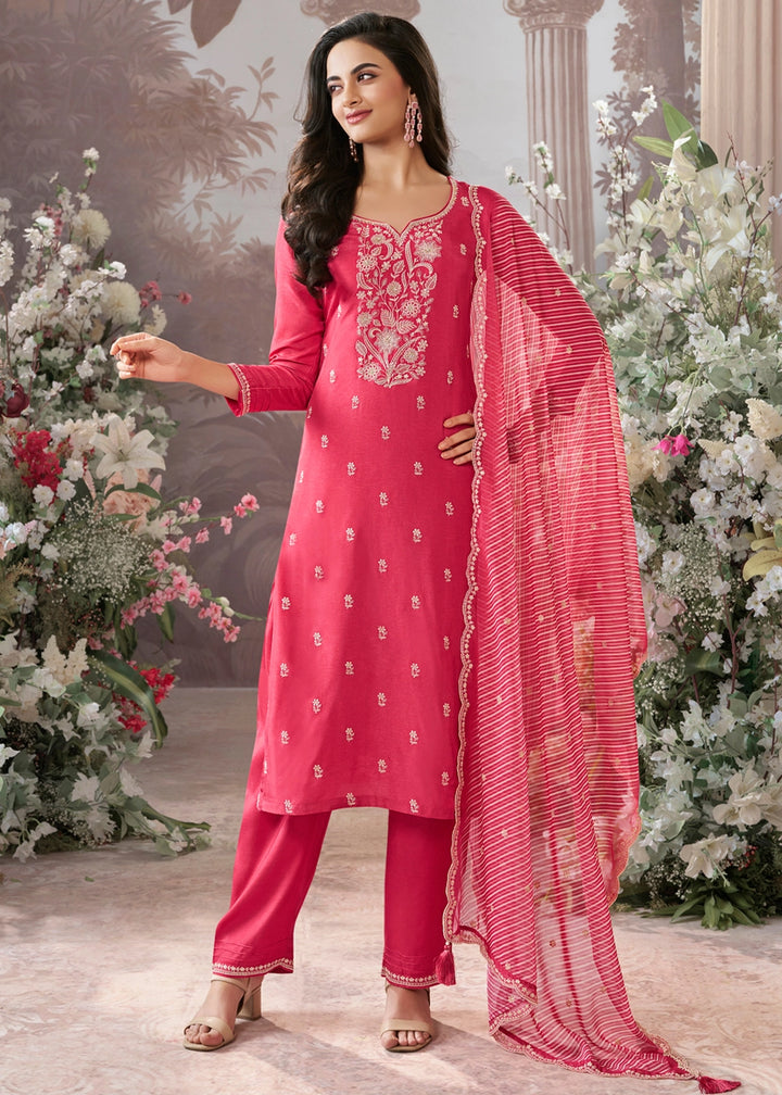 Watermelon Pink Dola Silk Kurta Set with Embroidered Work