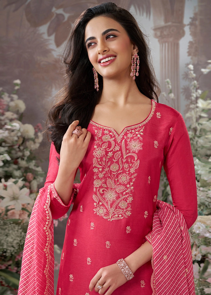 Watermelon Pink Dola Silk Kurta Set with Embroidered Work