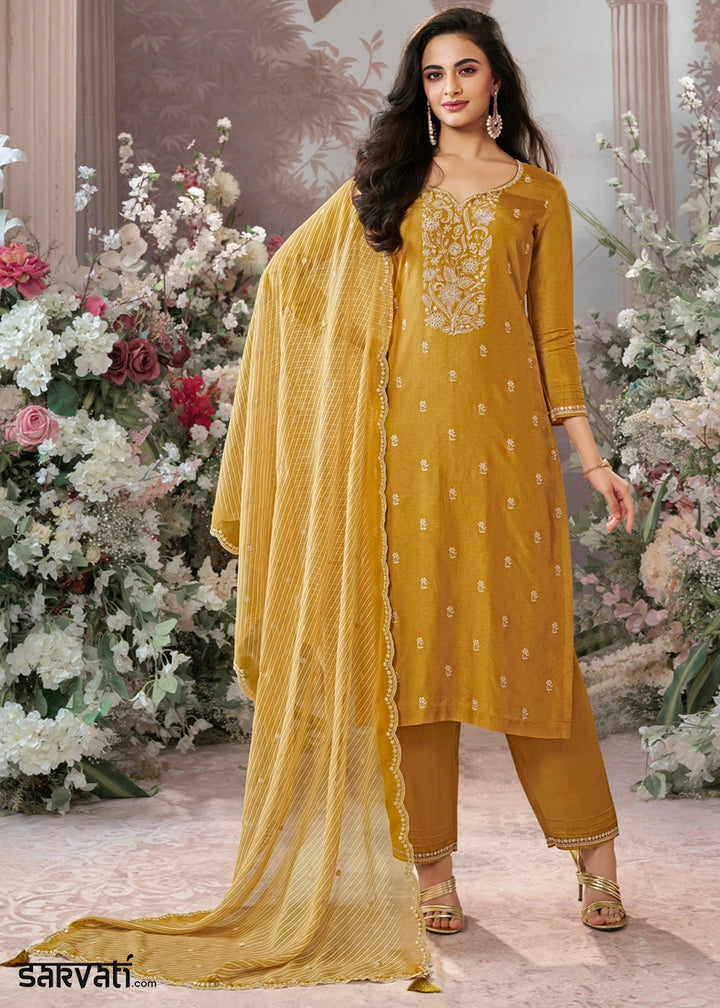 Mustard Yellow Dola Silk Kurta Set with Embroidered Work