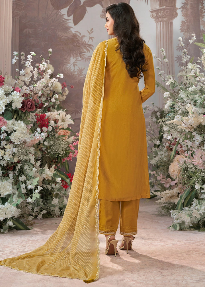Mustard Yellow Dola Silk Kurta Set with Embroidered Work