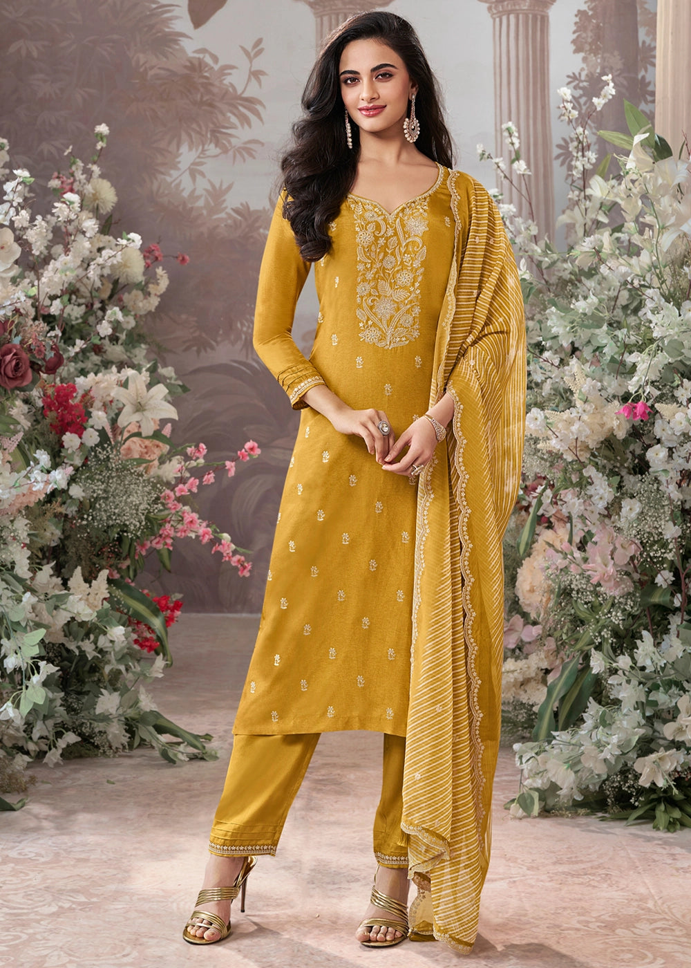 Mustard Yellow Dola Silk Kurta Set with Embroidered Work