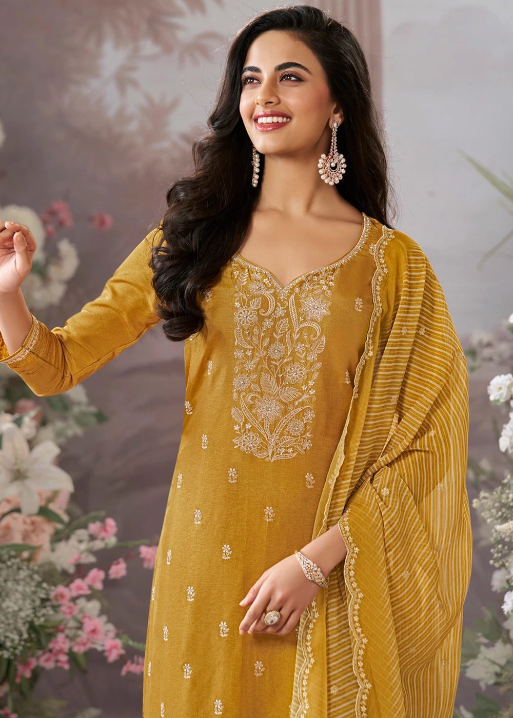 Mustard Yellow Dola Silk Kurta Set with Embroidered Work