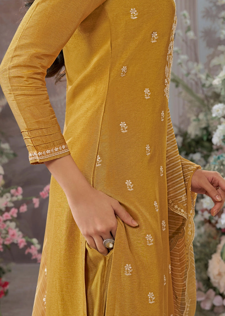 Mustard Yellow Dola Silk Kurta Set with Embroidered Work