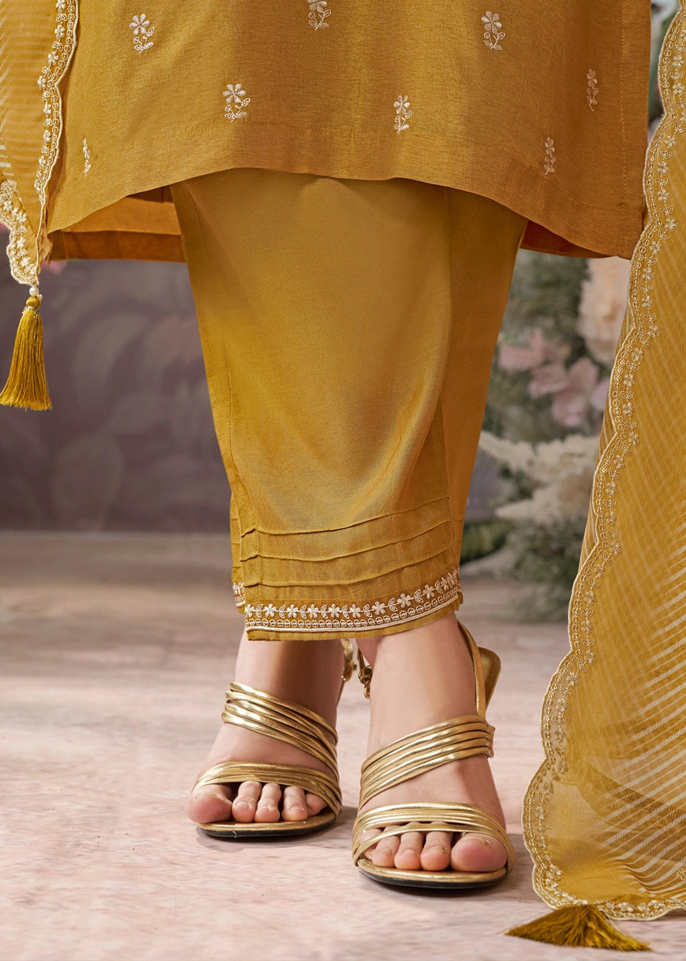 Mustard Yellow Dola Silk Kurta Set with Embroidered Work