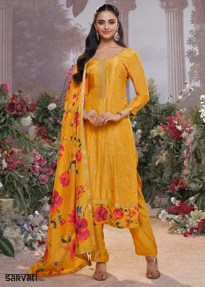 Amber Yellow Jacquard Work Dola Silk Kurta Set with Floral Printed Dupatta