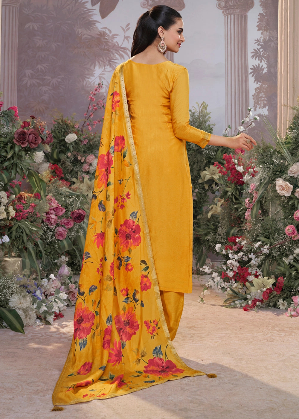 Amber Yellow Jacquard Work Dola Silk Kurta Set with Floral Printed Dupatta