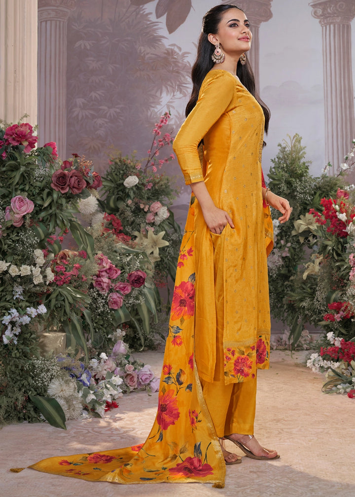 Amber Yellow Jacquard Work Dola Silk Kurta Set with Floral Printed Dupatta