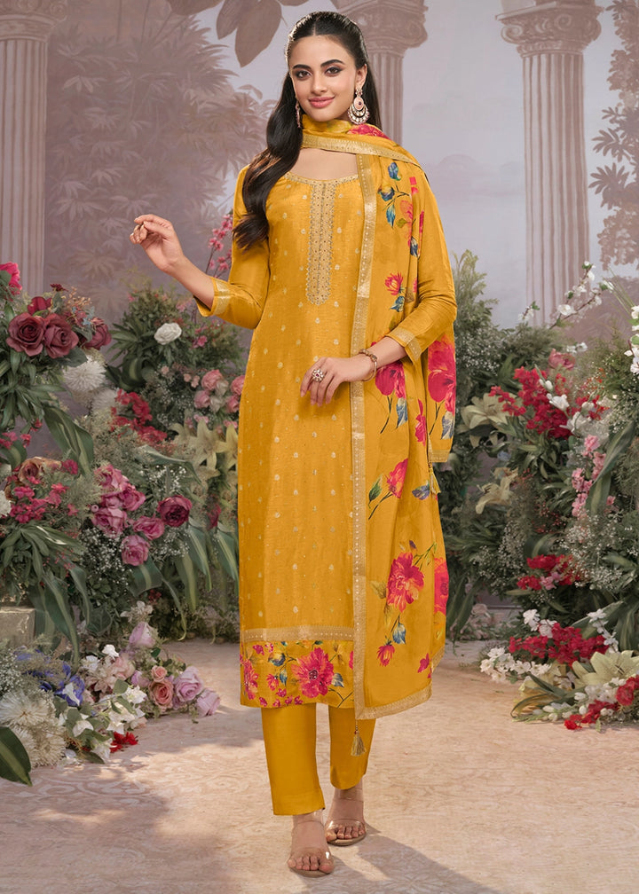 Amber Yellow Jacquard Work Dola Silk Kurta Set with Floral Printed Dupatta