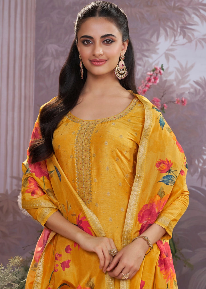 Amber Yellow Jacquard Work Dola Silk Kurta Set with Floral Printed Dupatta