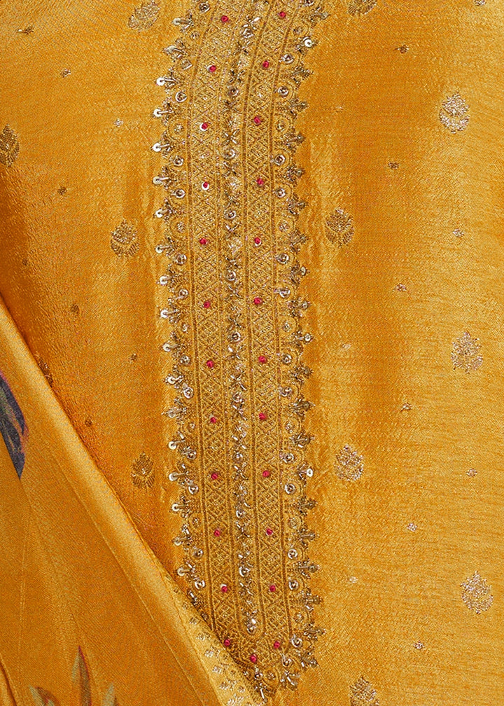 Amber Yellow Jacquard Work Dola Silk Kurta Set with Floral Printed Dupatta