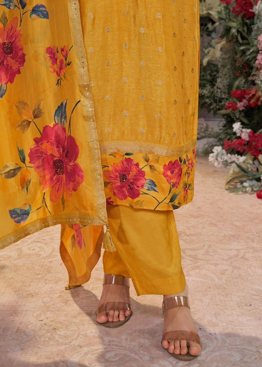 Amber Yellow Jacquard Work Dola Silk Kurta Set with Floral Printed Dupatta