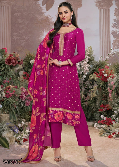 Lollipop Purple Jacquard Work Dola Silk Kurta Set with Floral Printed Dupatta