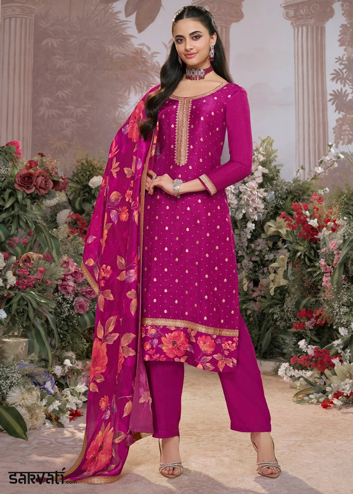 Lollipop Purple Jacquard Work Dola Silk Kurta Set with Floral Printed Dupatta