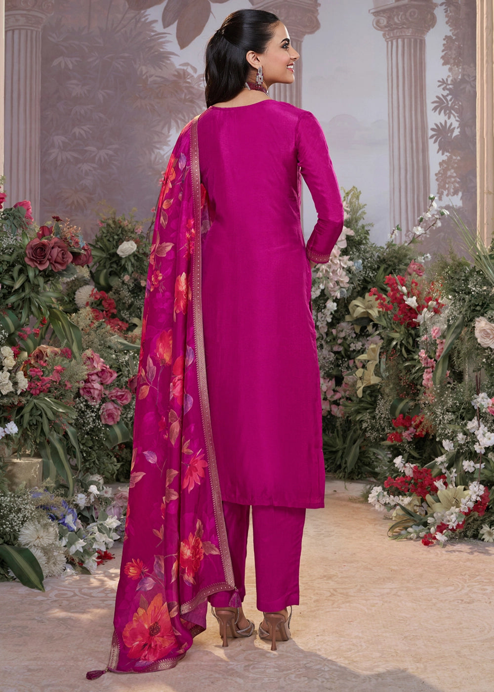 Lollipop Purple Jacquard Work Dola Silk Kurta Set with Floral Printed Dupatta