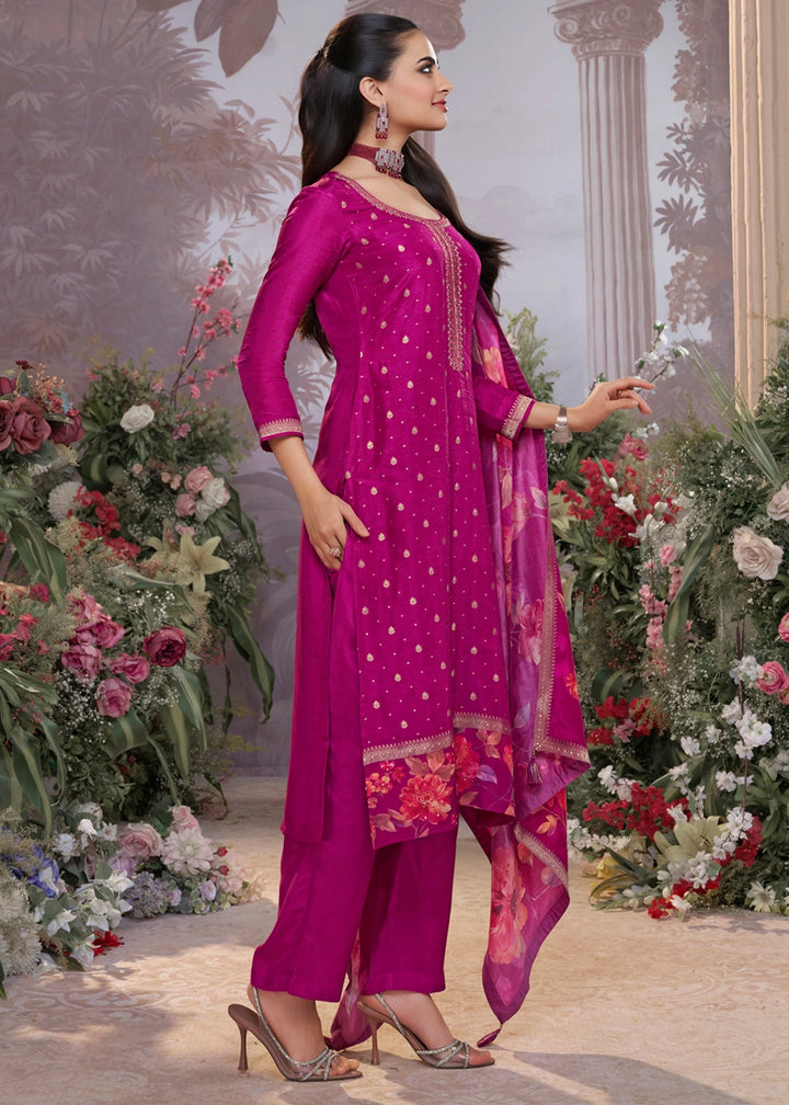 Lollipop Purple Jacquard Work Dola Silk Kurta Set with Floral Printed Dupatta