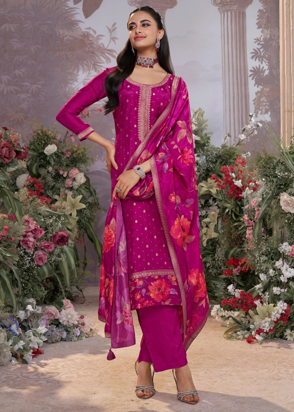 Lollipop Purple Jacquard Work Dola Silk Kurta Set with Floral Printed Dupatta