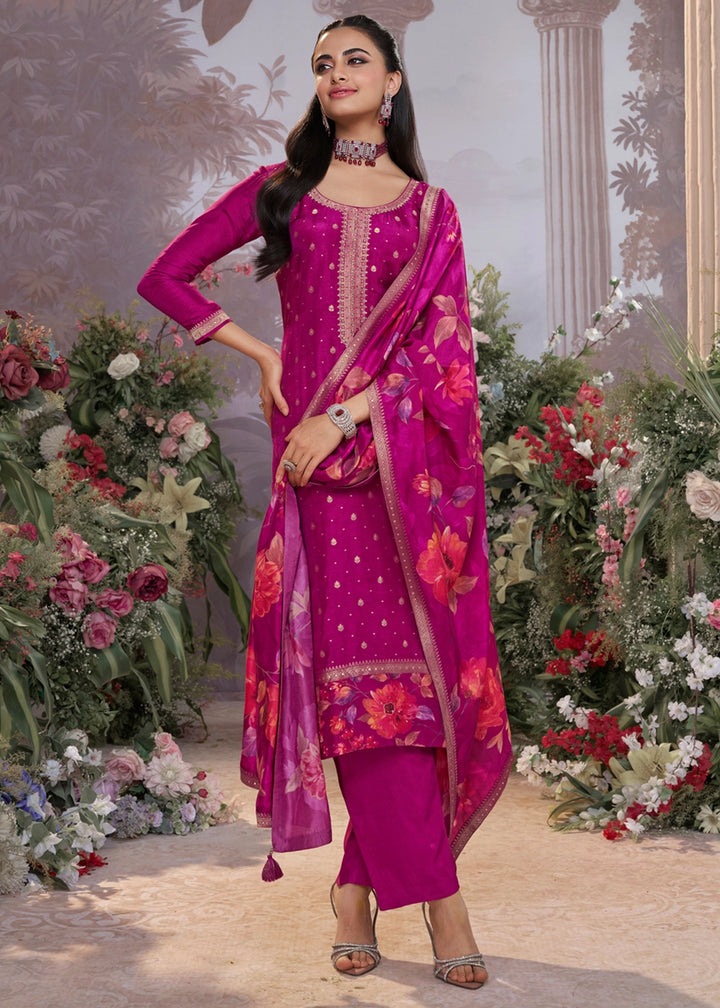 Lollipop Purple Jacquard Work Dola Silk Kurta Set with Floral Printed Dupatta