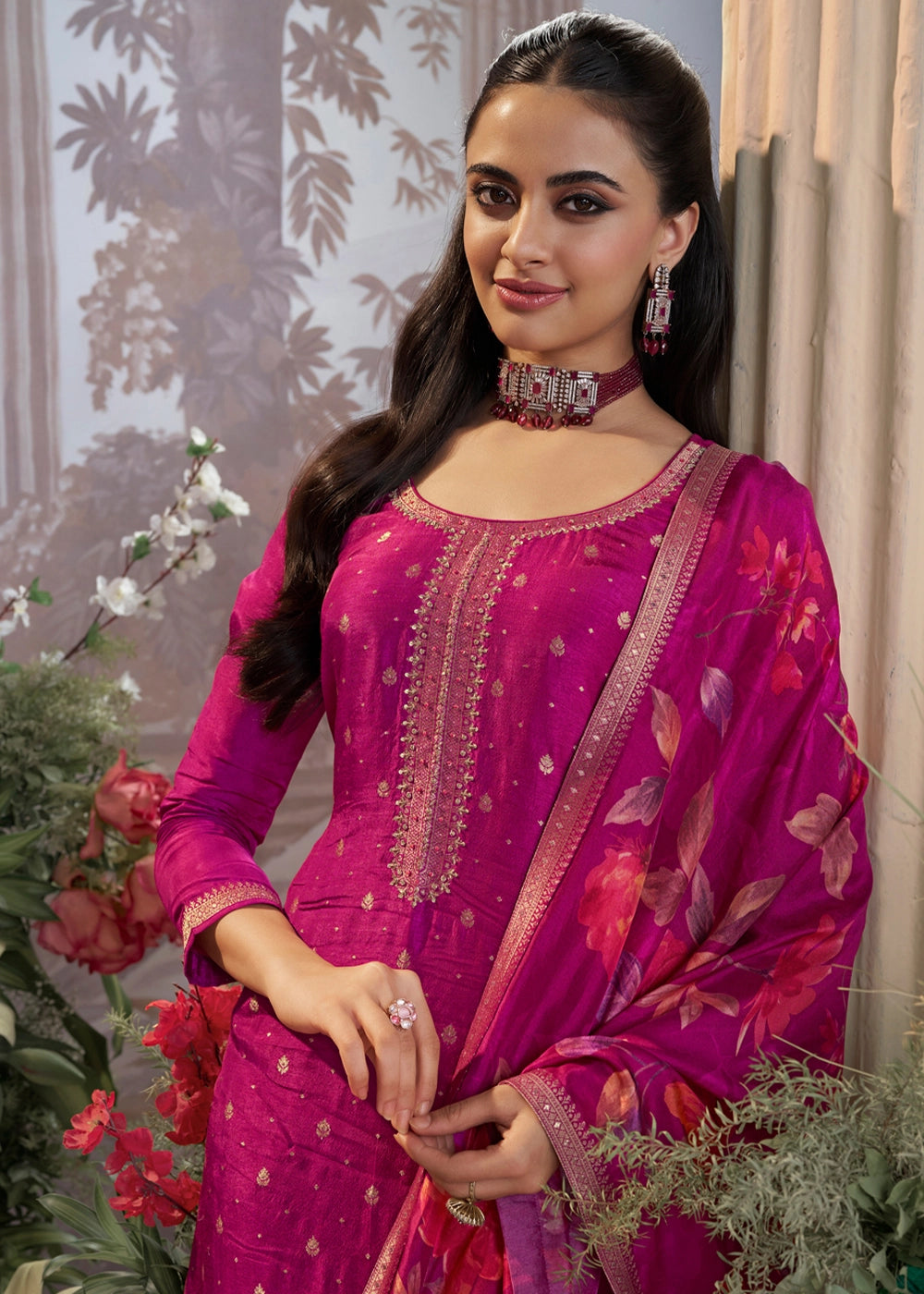 Lollipop Purple Jacquard Work Dola Silk Kurta Set with Floral Printed Dupatta