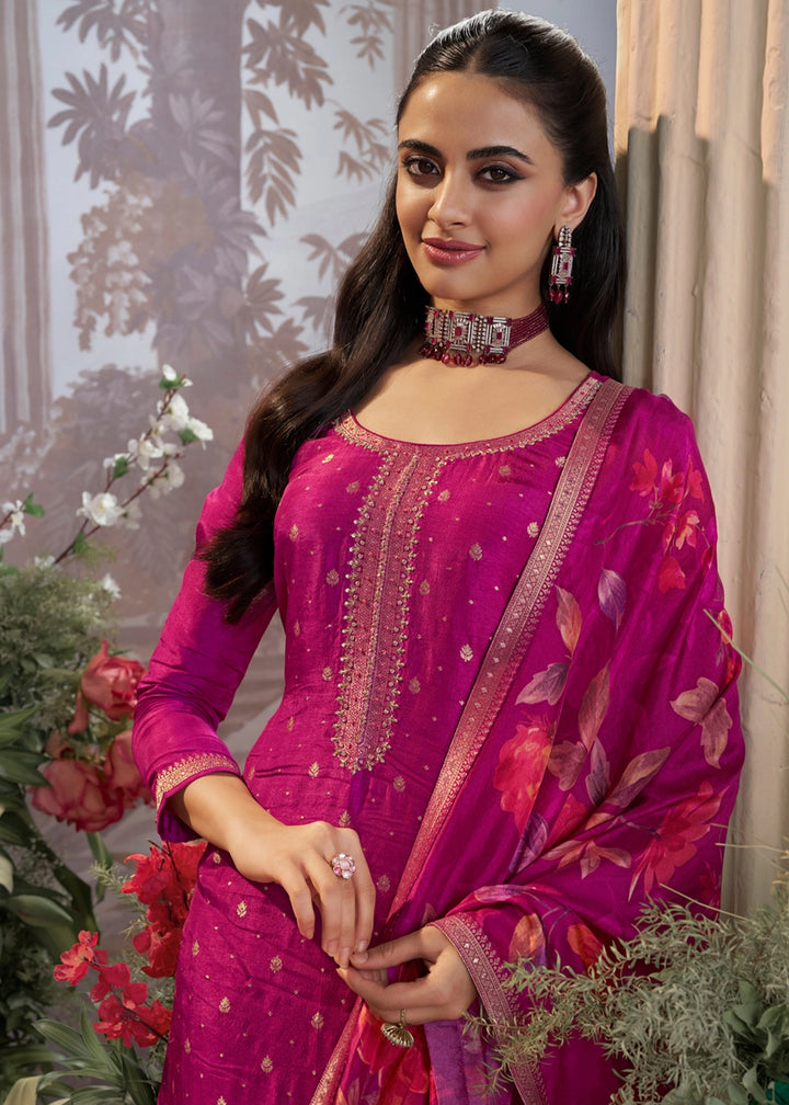 Lollipop Purple Jacquard Work Dola Silk Kurta Set with Floral Printed Dupatta