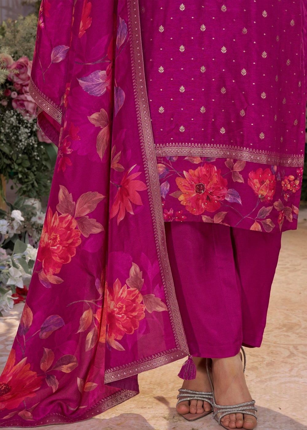 Lollipop Purple Jacquard Work Dola Silk Kurta Set with Floral Printed Dupatta