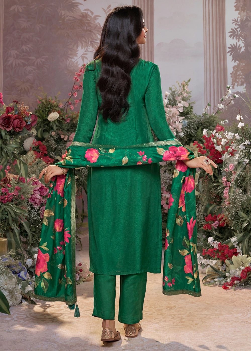 Persian Green Jacquard Work Dola Silk Kurta Set with Floral Printed Dupatta