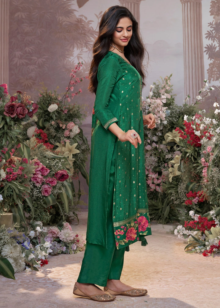 Persian Green Jacquard Work Dola Silk Kurta Set with Floral Printed Dupatta
