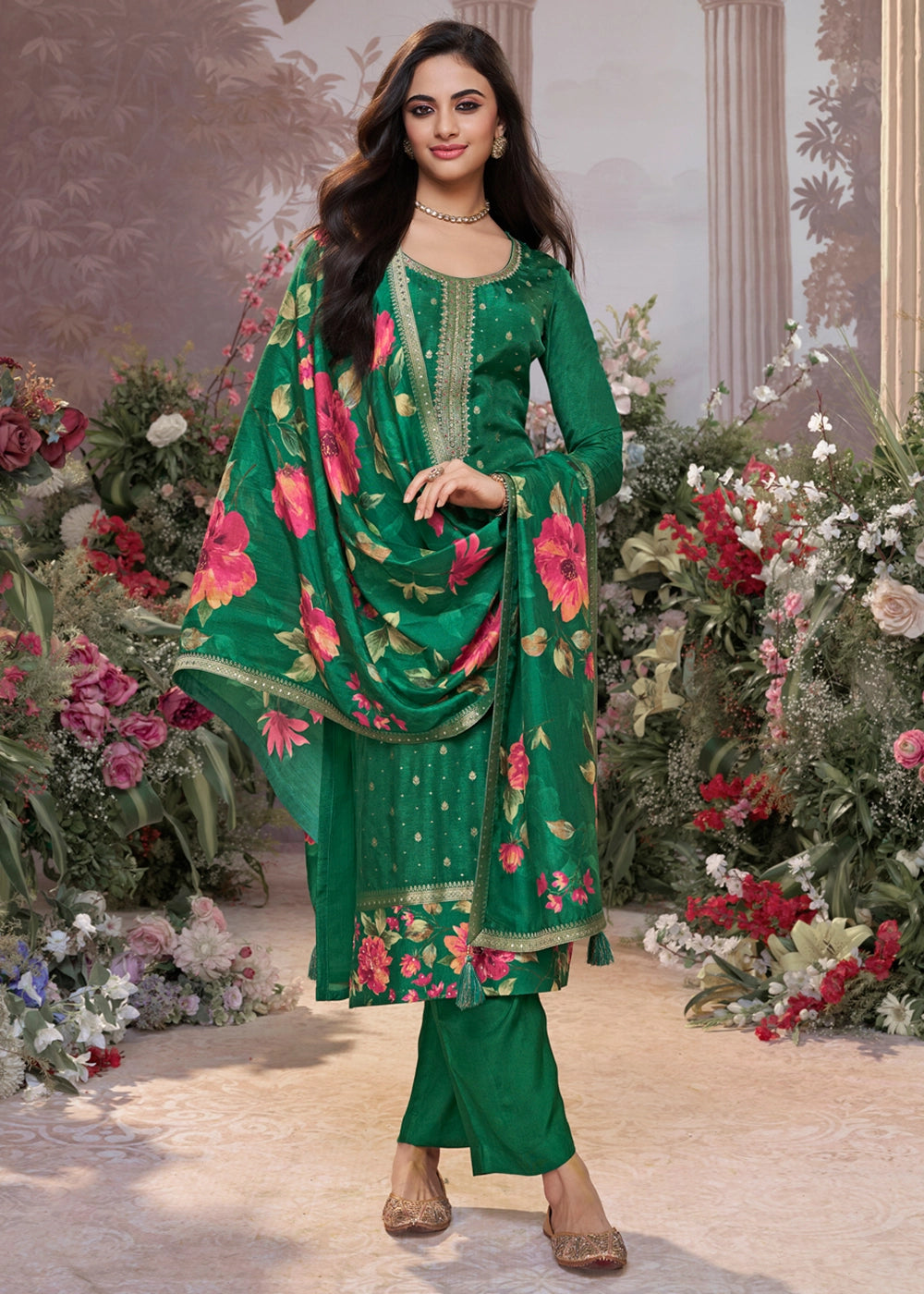 Persian Green Jacquard Work Dola Silk Kurta Set with Floral Printed Dupatta