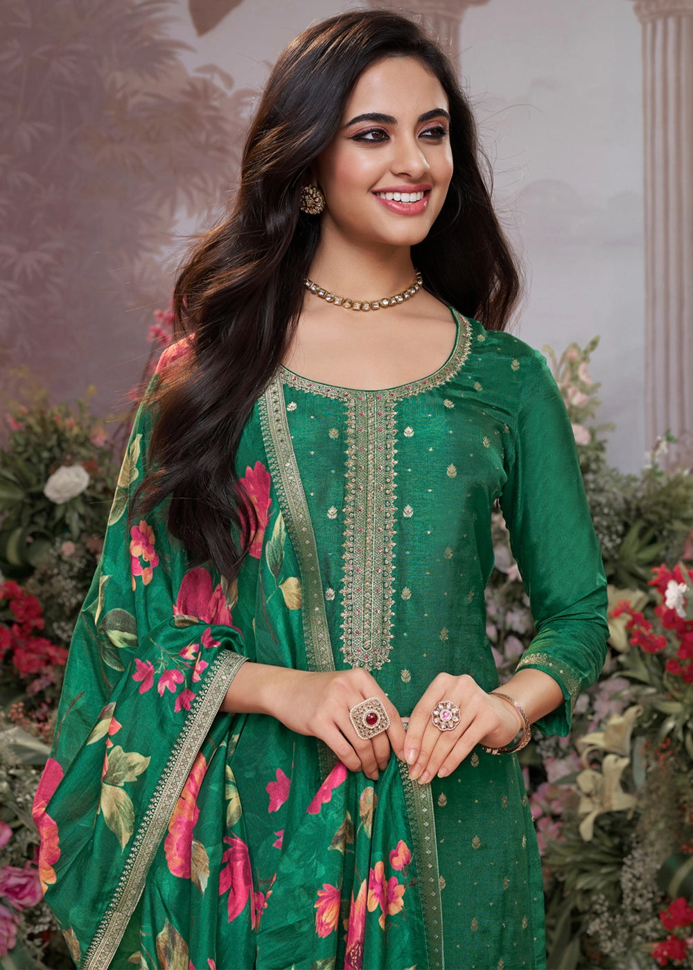 Persian Green Jacquard Work Dola Silk Kurta Set with Floral Printed Dupatta