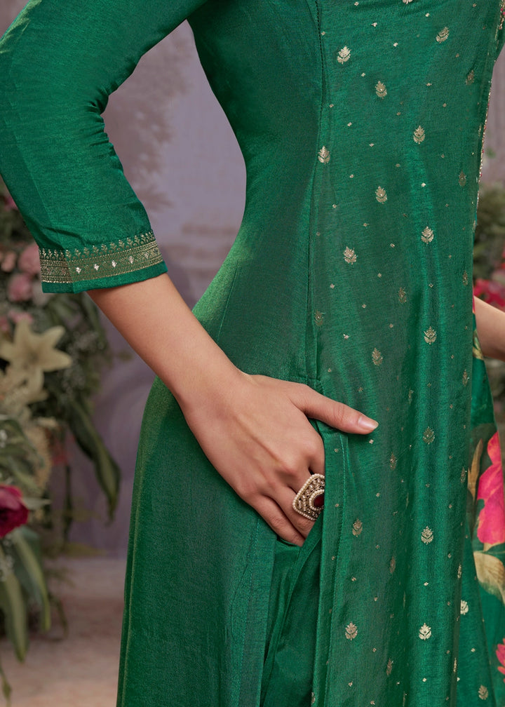 Persian Green Jacquard Work Dola Silk Kurta Set with Floral Printed Dupatta