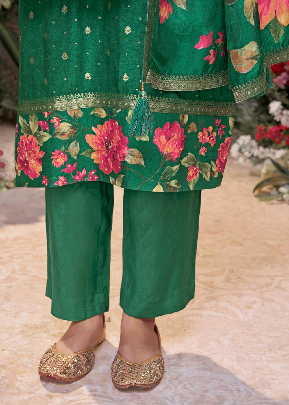 Persian Green Jacquard Work Dola Silk Kurta Set with Floral Printed Dupatta