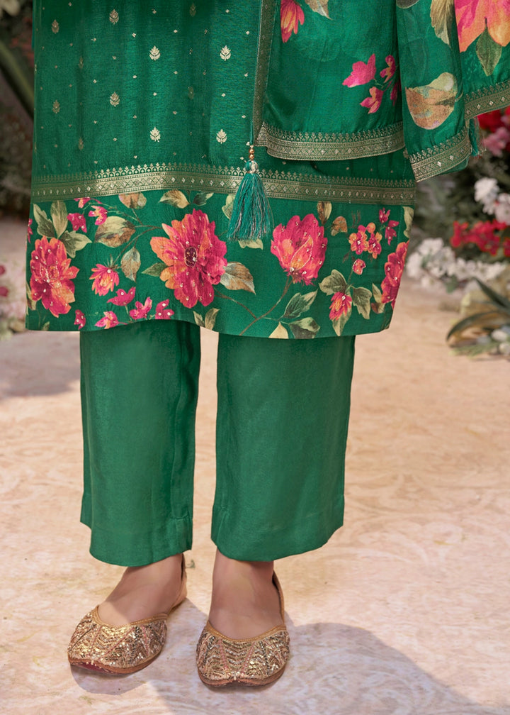 Persian Green Jacquard Work Dola Silk Kurta Set with Floral Printed Dupatta