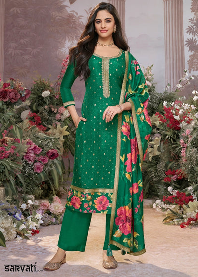 Persian Green Jacquard Work Dola Silk Kurta Set with Floral Printed Dupatta