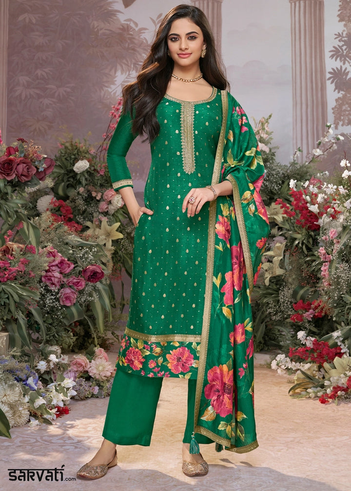 Persian Green Jacquard Work Dola Silk Kurta Set with Floral Printed Dupatta