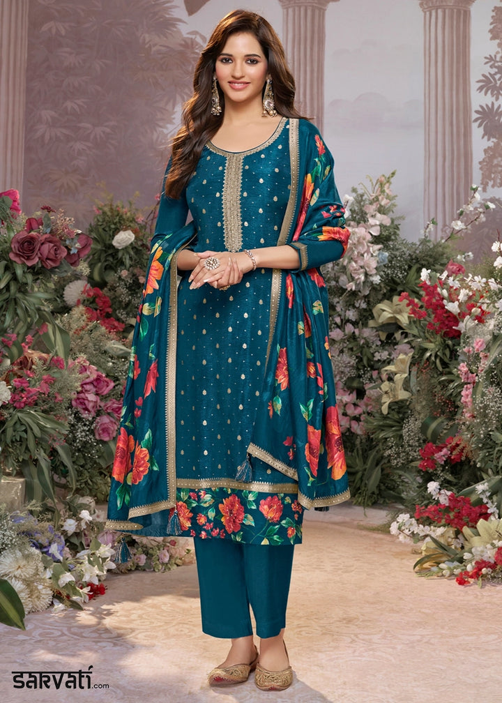 Yale Blue Jacquard Work Dola Silk Kurta Set with Floral Printed Dupatta