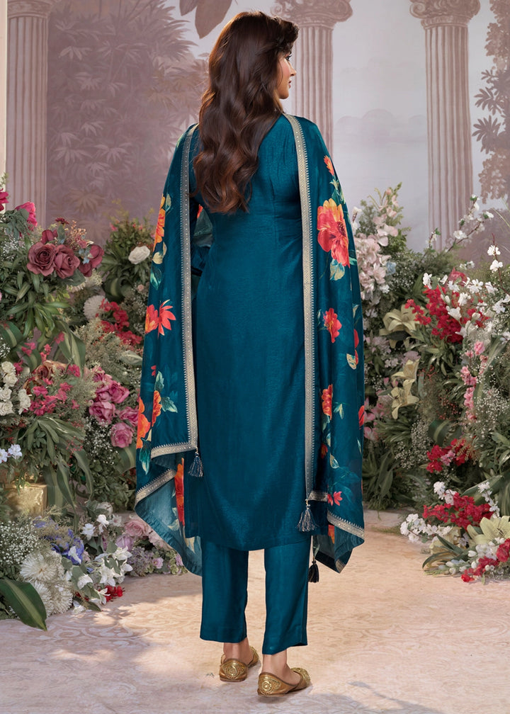 Yale Blue Jacquard Work Dola Silk Kurta Set with Floral Printed Dupatta