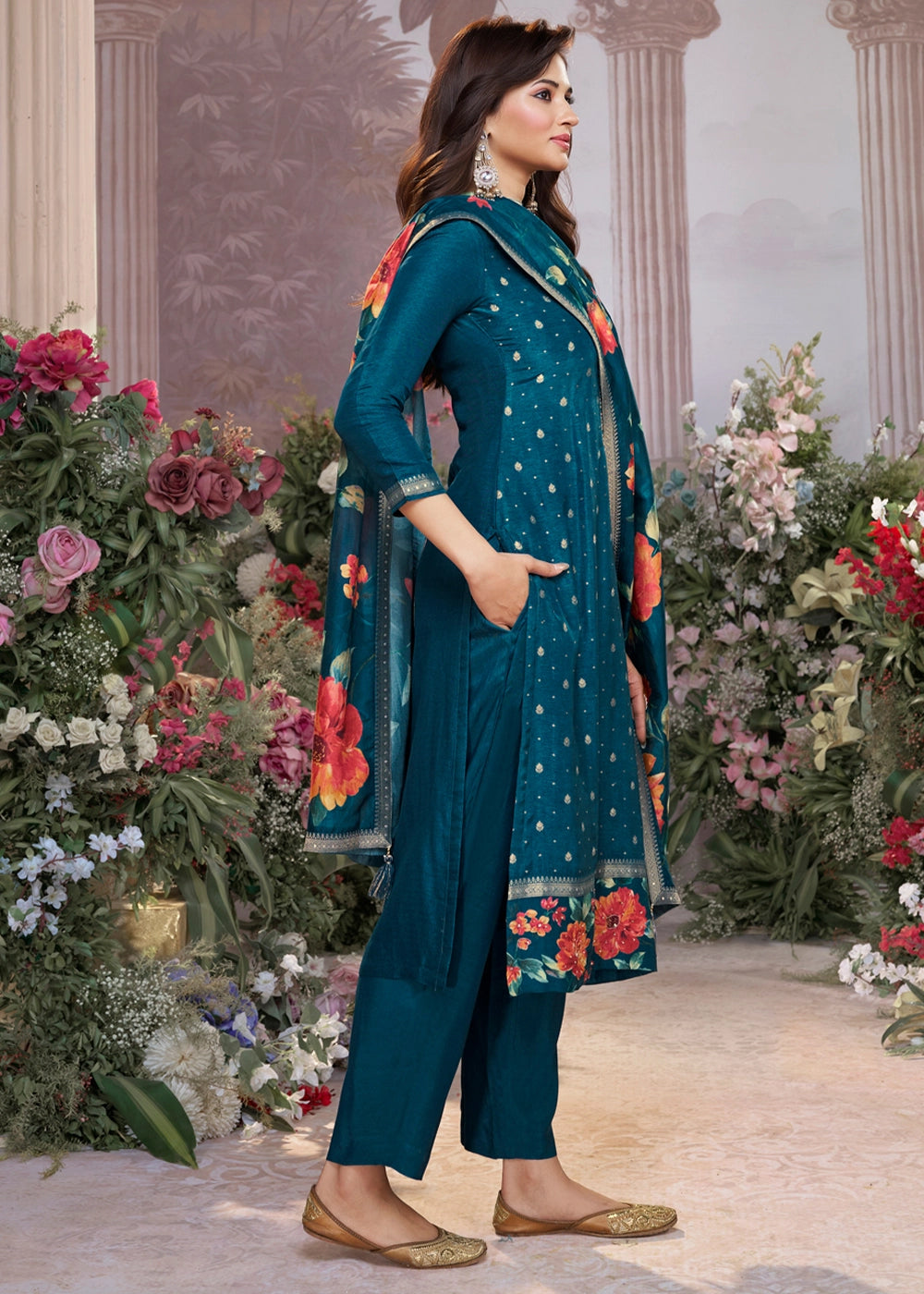 Yale Blue Jacquard Work Dola Silk Kurta Set with Floral Printed Dupatta