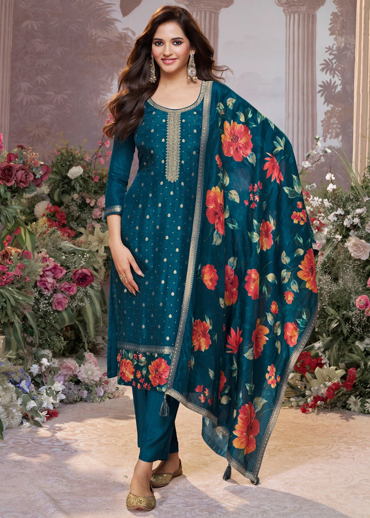 Yale Blue Jacquard Work Dola Silk Kurta Set with Floral Printed Dupatta
