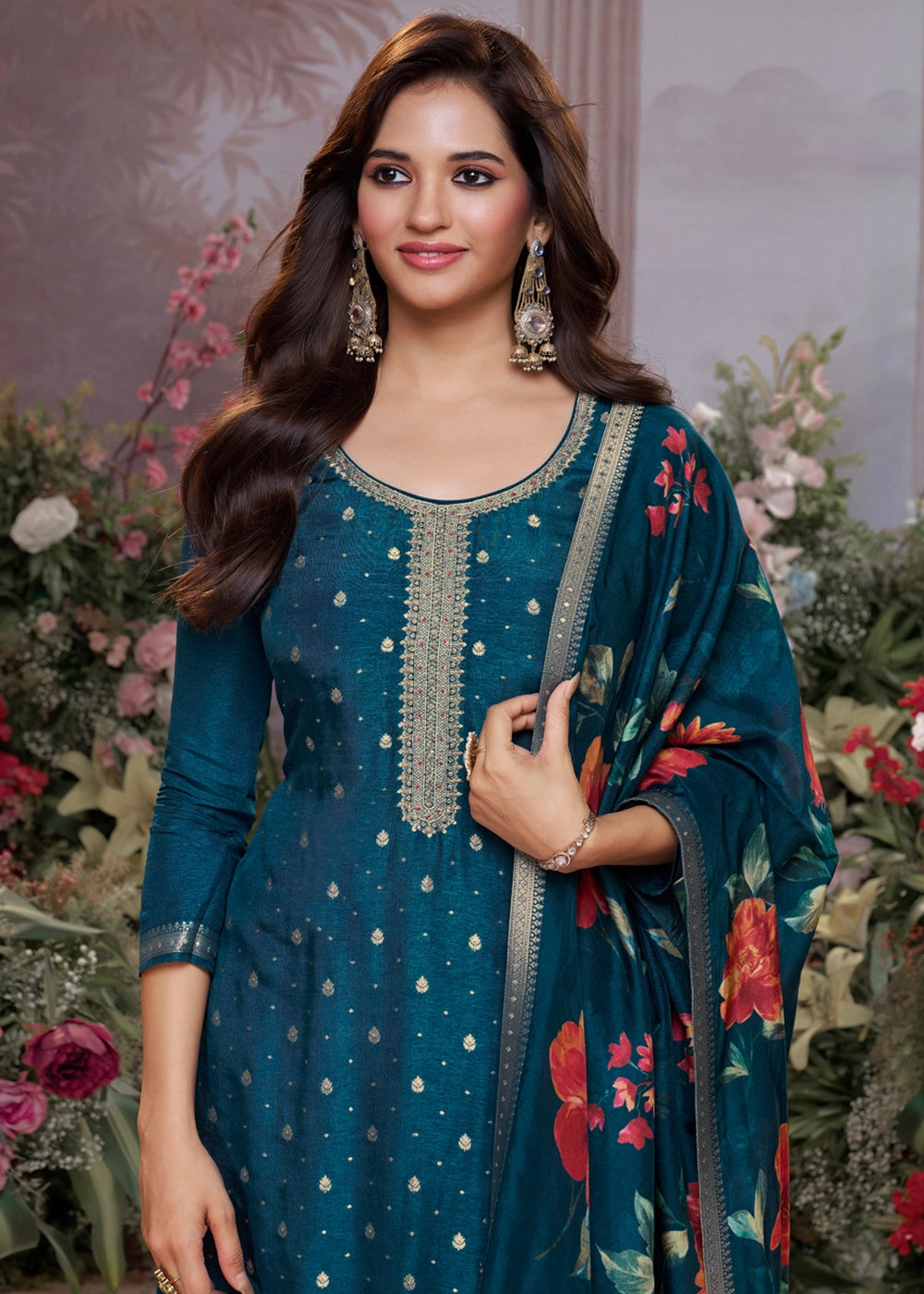 Yale Blue Jacquard Work Dola Silk Kurta Set with Floral Printed Dupatta