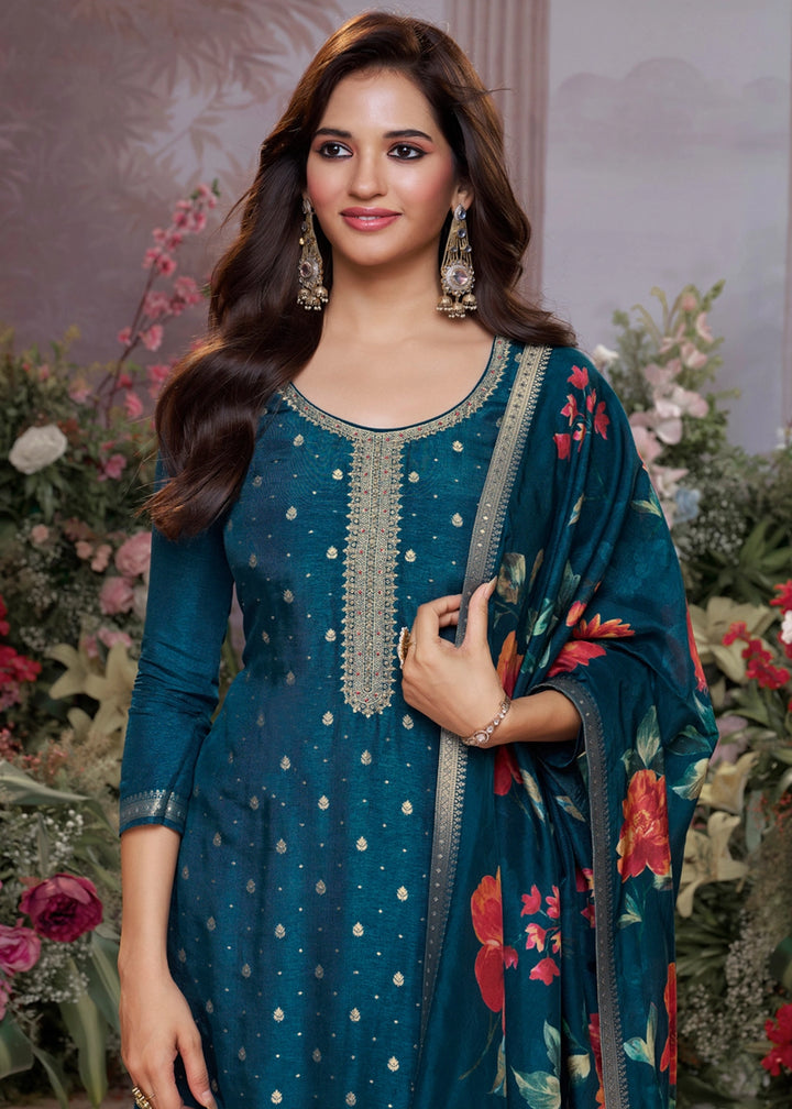 Yale Blue Jacquard Work Dola Silk Kurta Set with Floral Printed Dupatta