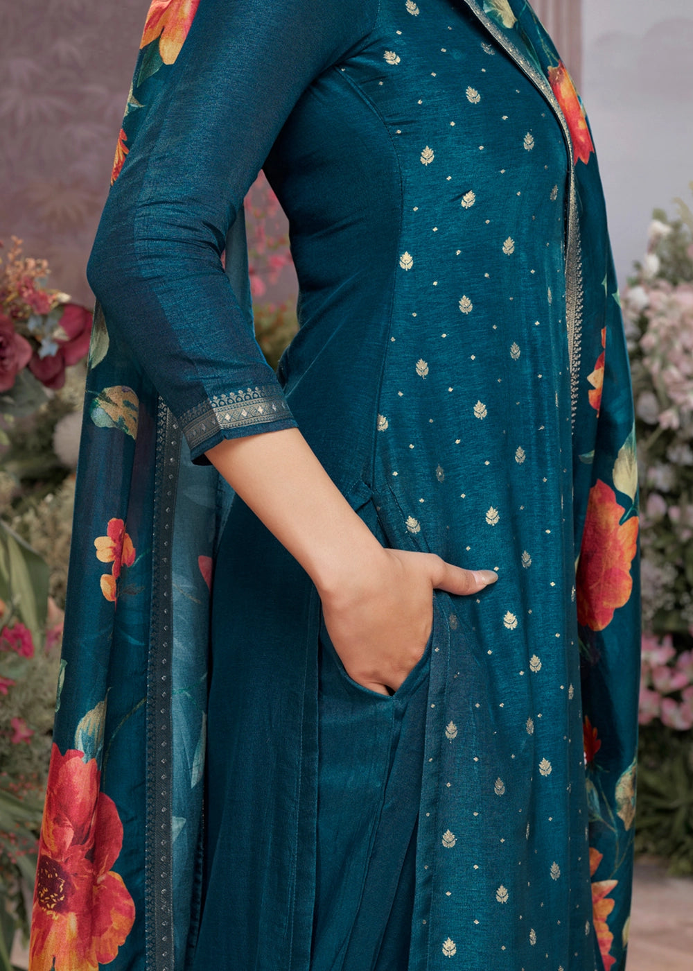 Yale Blue Jacquard Work Dola Silk Kurta Set with Floral Printed Dupatta