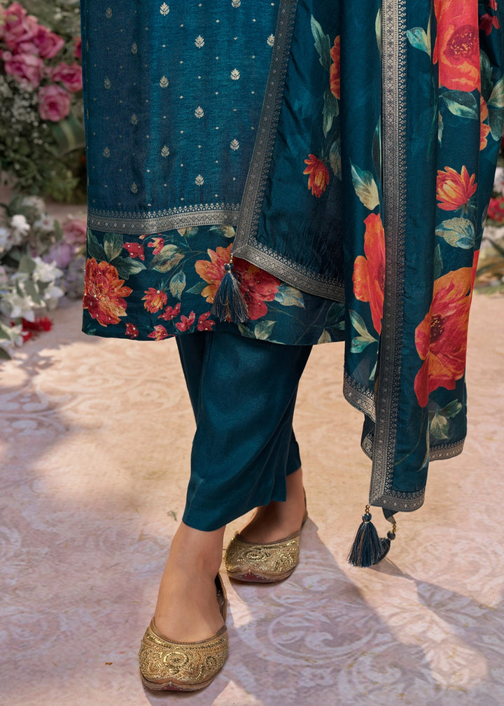 Yale Blue Jacquard Work Dola Silk Kurta Set with Floral Printed Dupatta