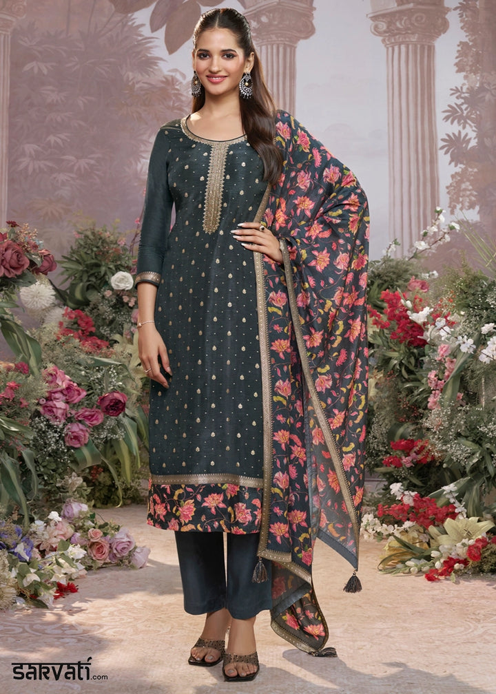 Charcoal Grey Jacquard Work Dola Silk Kurta Set with Floral Printed Dupatta