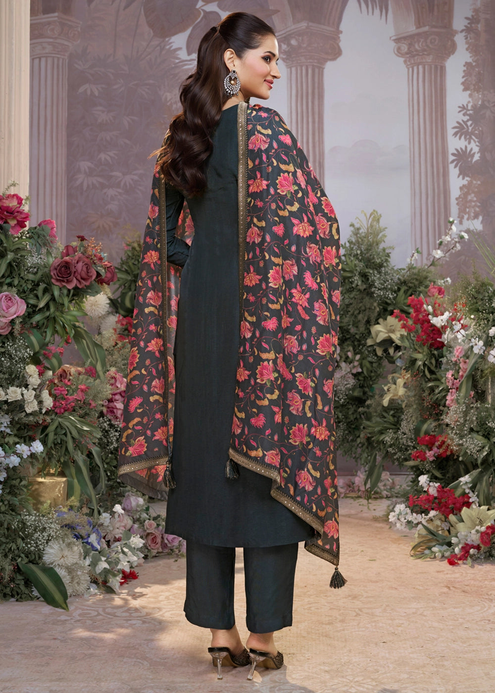 Charcoal Grey Jacquard Work Dola Silk Kurta Set with Floral Printed Dupatta