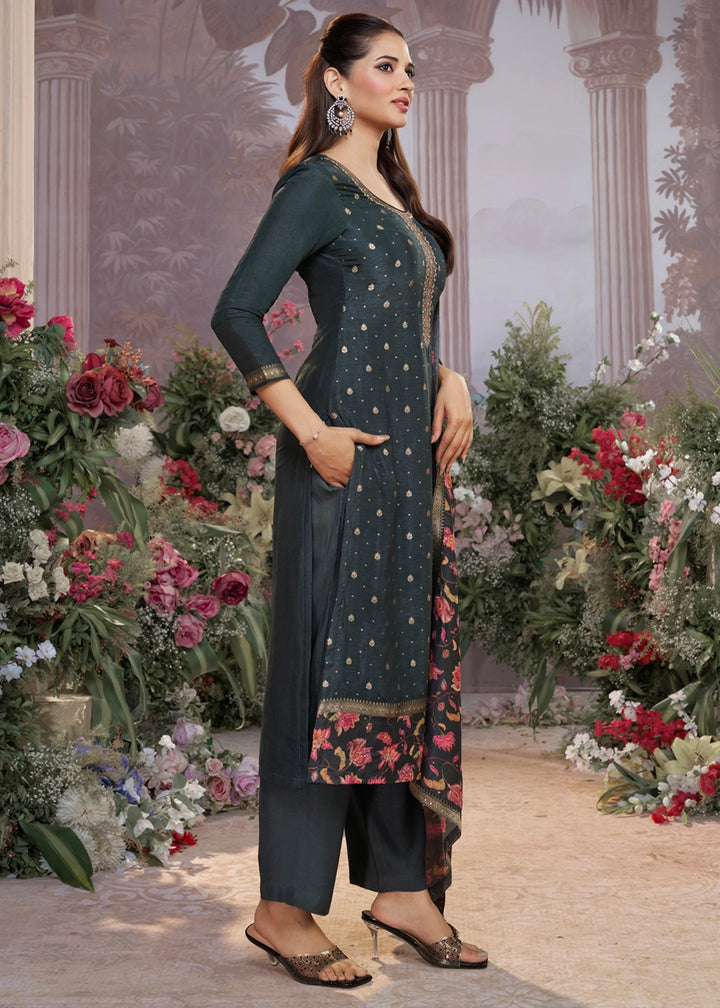 Charcoal Grey Jacquard Work Dola Silk Kurta Set with Floral Printed Dupatta