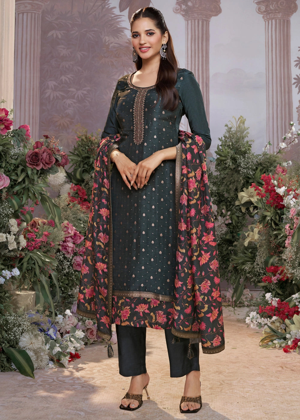 Charcoal Grey Jacquard Work Dola Silk Kurta Set with Floral Printed Dupatta