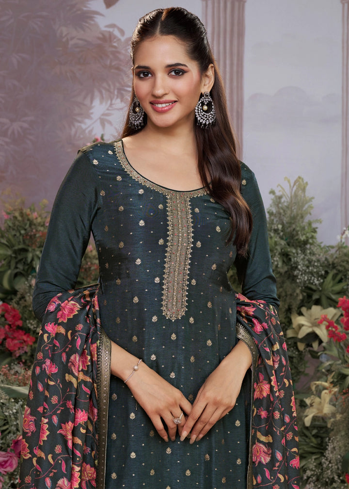 Charcoal Grey Jacquard Work Dola Silk Kurta Set with Floral Printed Dupatta